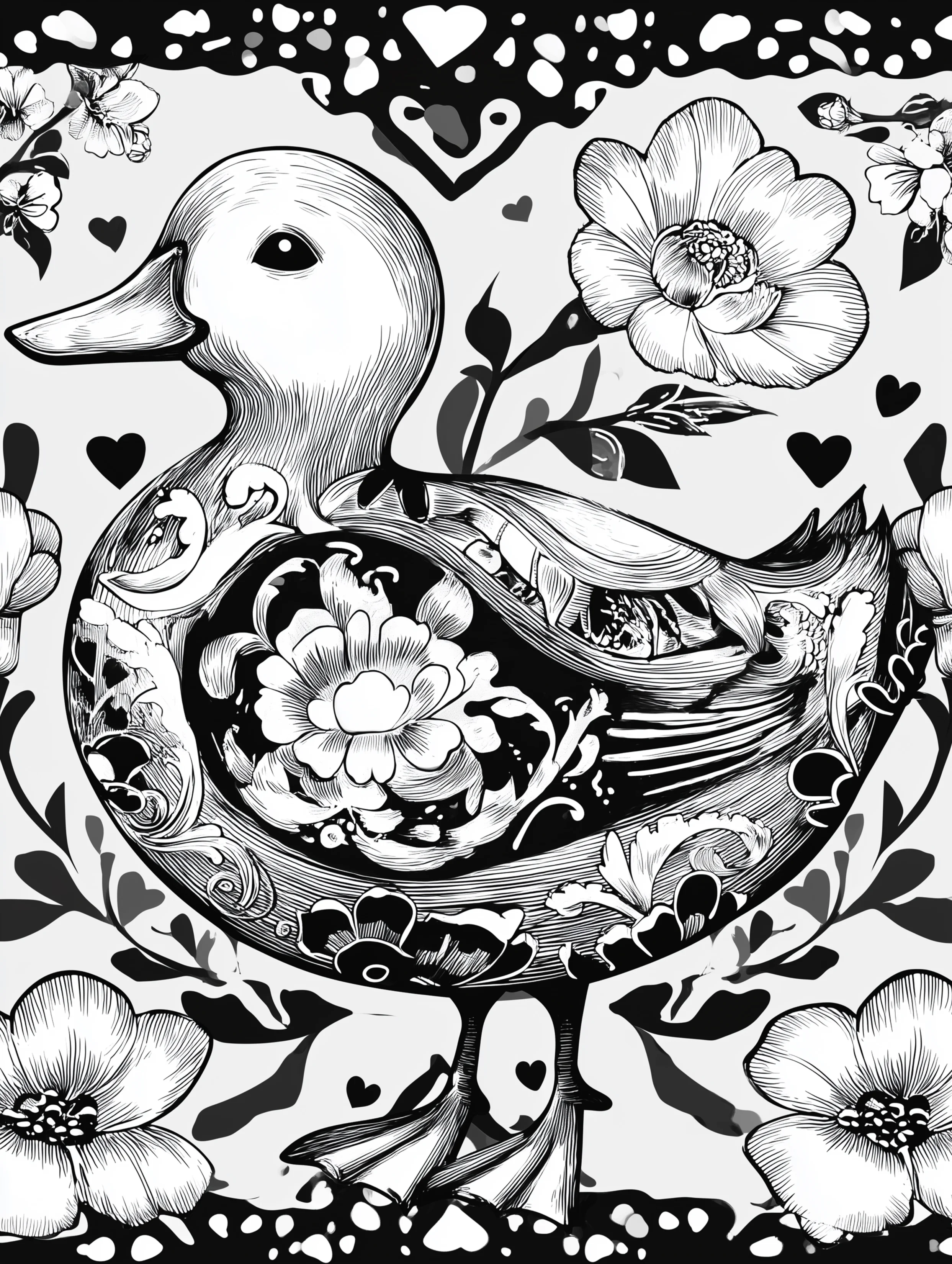 Free printable duck coloring page for adults featuring a duck with decorative side details